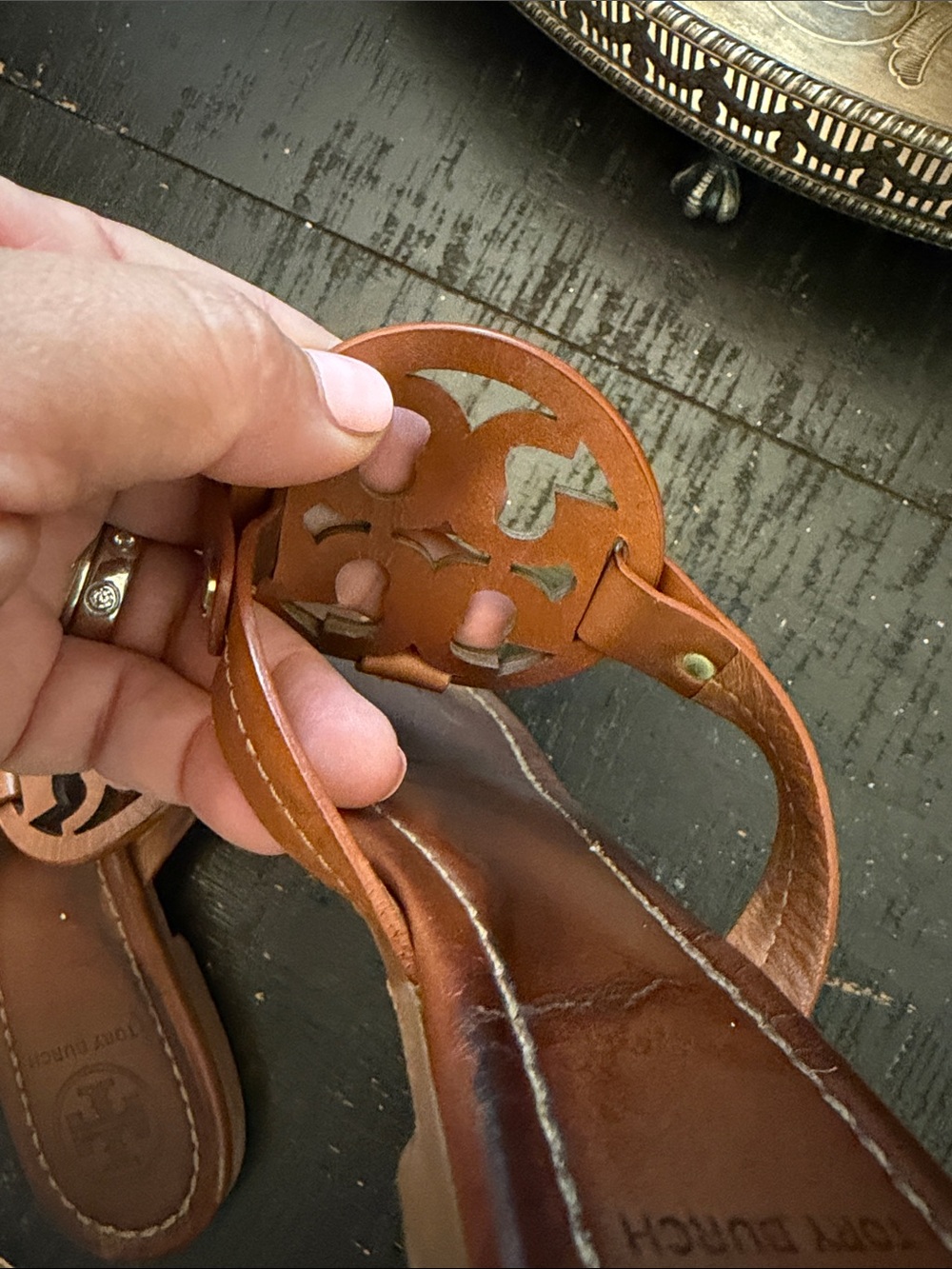Tory Burch Cognac Leather Miller Thong Sandals - Picture 6 of 7